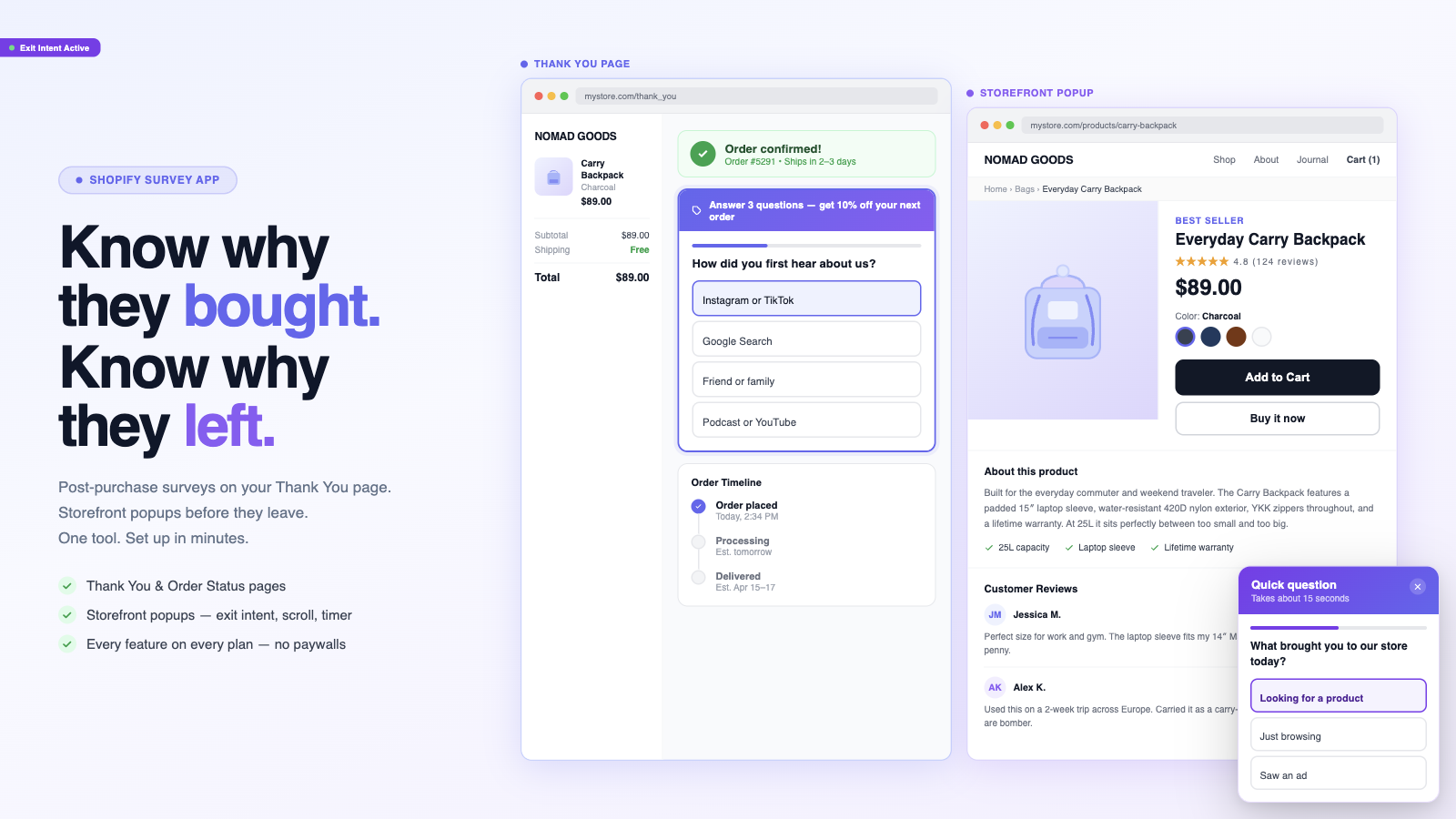 Post-purchase and storefront popup surveys running side-by-side