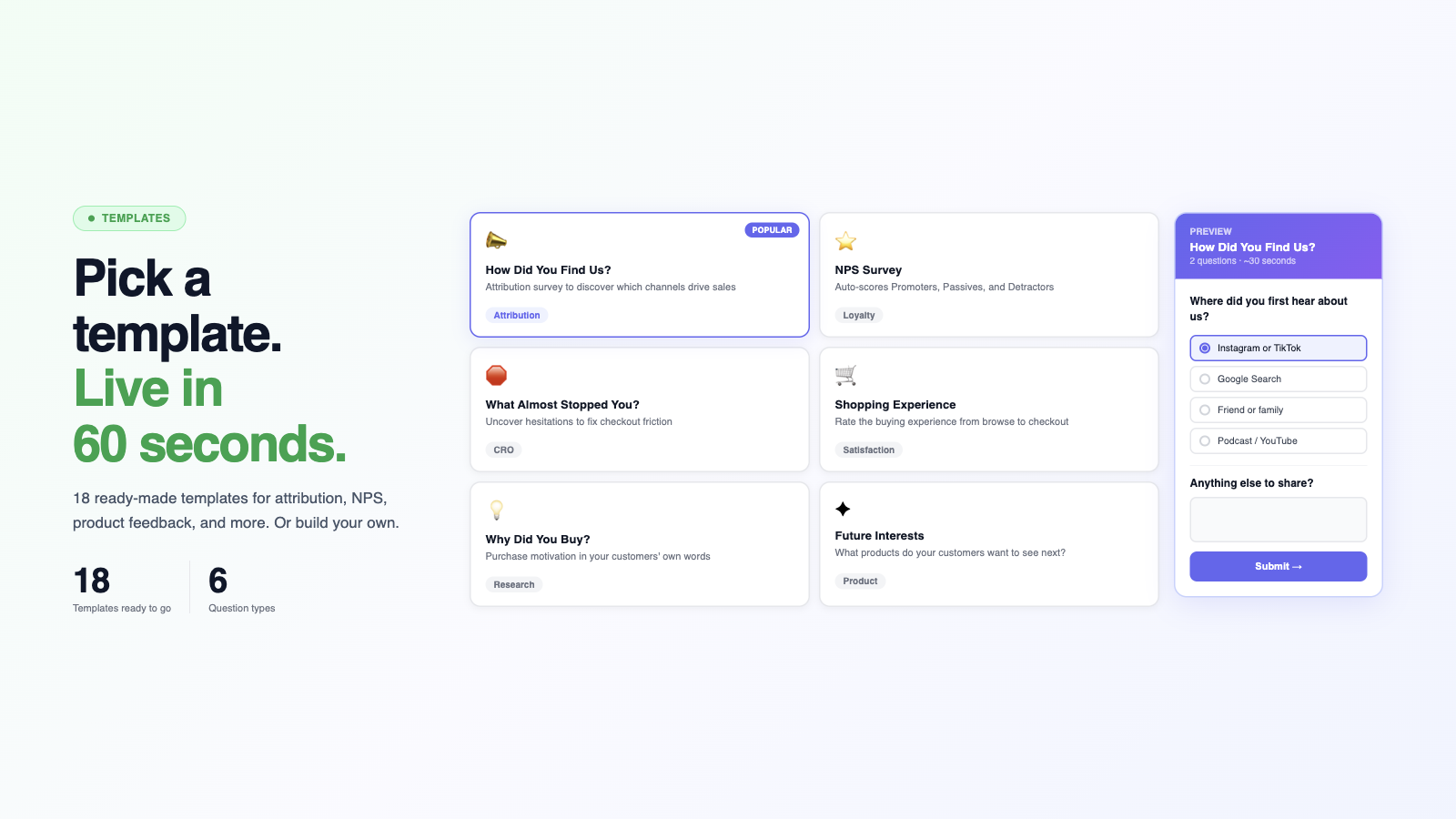Template library with attribution, NPS, product feedback and more